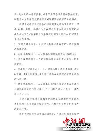 《关于对成都胜利十一人足球俱乐部违规违纪的处罚决定》。成都市足协供图