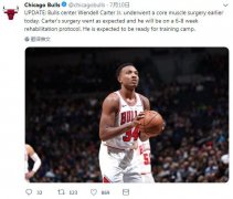 NBA：小卡特接受肌肉修复手术 预计训练营前回归